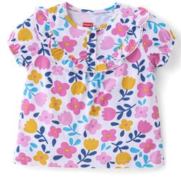 Babyhug Cotton Half Sleeves Top With Frills and All Over Floral Print - White-image-58