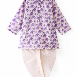 Babyhug Cambric Full Sleeves Kurta Dhoti Set Elephant Print - White-image-73