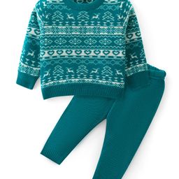 Babyhug Knitted Full Sleeves Sweater Set with Aztec Design - Green-image-43