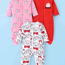 Babyhug Disney Interlock Knit Full Sleeves Sleep Suits with Stripes & Aristocats Graphics Pack of 3 - Pink Red & White-picture-12