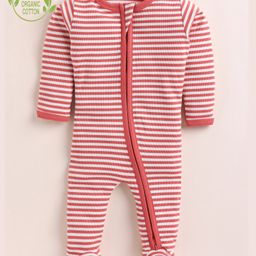 Cot & Candy Organic Cotton Knit Full Sleeves Striped Sleep Suit - Berry Red-image-6