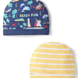 Babyhug Interlock Cotton Knit Beach & Stripe Printed Caps Pack Of 2 - Navy Blue & Yellow-image-70