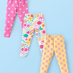 Babyhug Cotton Lycra Knit Full Length Leggings With Heart & Floral Print Pack of 3 - Dark Pink White & Yellow-image-45