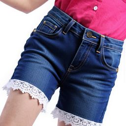 Pine Kids Mid Thigh Length Washed Denim Shorts with Lace Detailing - Blue-image-2
