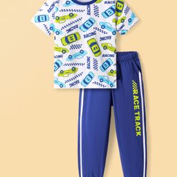 Honeyhap Premium Cotton Knit Half Sleeves Bio Finish Night Suit with Text Print & Tape Detailing - Bright White & Limoges-image-61