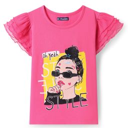 Pine Kids Cotton Knit Half Frill Sleeves Top with Girl Print - Dark Pink-picture-18