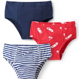 Honeyhap 100% Premium Briefs With Bio Finish Stripes & Stake Board Print Pack Of 3 - Bright White High Risk Red & Navy Peony-image-40