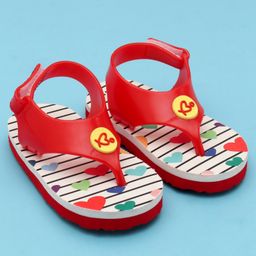 Babyoye Velcro Closure Flip Flops With Stripes & Hearts Print - Red-image-99