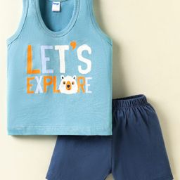 Tango Single Jersey Knit Sleeveless Text Printed Vest & Knee Length Shorts Set - Aqua & Navy Blue-picture-15