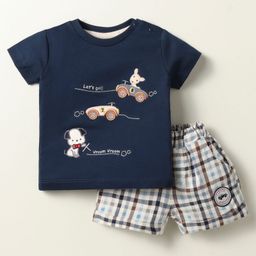 Ollypop Sinker Knit Half Sleeves T-Shirt and Shorts Set With Animal & Vehicle Patch Embroidery - Navy Blue-picture-10