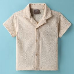 Little Kangaroos Cotton Woven Half Sleeves Solid Color Textured Shirt - Off White-image-81