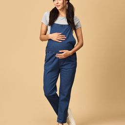 The Mom Store Denim Sleeveless Solid Maternity Dungaree - Blue-image-8