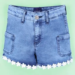 Kiddopanti Denim Floral Lace Detailed Shorts - Medium Blue-picture-6