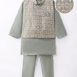 Ridokidz Full Sleeves Solid Kurta & Pyjama With Floral Embroidered Jacket Set - Mahendi-image-100