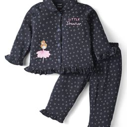 CUCUMBER Sinker Knit Full Sleeves Co-Ord Night Suit with Star & Fairy Print & Frill Detailing - Navy Blue-image-30