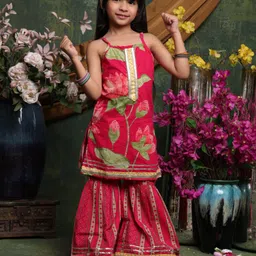 Saka Designs By Sapna Cotton Woven Sleeveless Floral Printed Gota Lace Embellished Kurta With Sharara Set - Red-picture-34