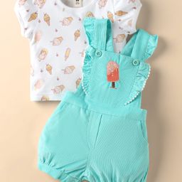 ToffyHouse Corduroy Woven Dungaree & Half Sleeves Inner Tee With Ice Cream Print & Embroidery - Sea Green & White-image-38