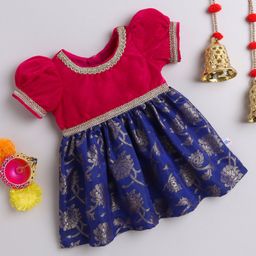 Many frocks & Velvet Woven Half Puffed Sleeves Gota Lace Embellished & Floral Glitter Printed Pleated Ethnic Dress - Pink & Blue-image-81