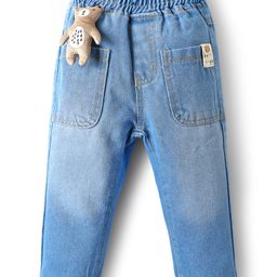 Little Kangaroos Denim Woven Full Length Jeans With Front Pockets & Teddy Bead Applique - Light Blue-image-93