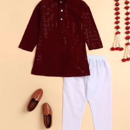BT DEZINES Viscose Woven Full Sleeves Floral Embroidered & Sequins Embellished Kurta Pyjama Set - Maroon-image-14