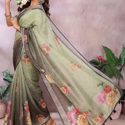DIVASTRI Women Green Floral Zari Linen Blend Jamdani Saree-picture-14