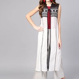 W Women White Solid Semi Sheer Sleeveless Longline Ethnic Jacket with Printed Detail-14