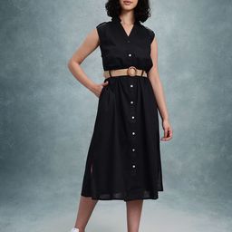 The Roadster Life Co. Pure Cotton Mandarin Collar Side-Slits Midi Shirt Dress with Belt-picture-42