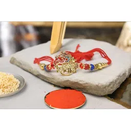 MEIRA JEWELLERY Set Of 3 Designer Rakhis With Greeting Card & Roli Chawal image 2