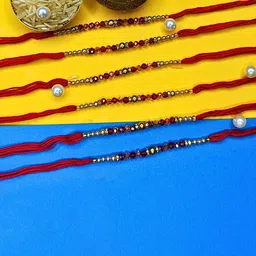 ORANGENYSHA Set Of 6 American Diamond Studded & Beaded Meenakari Thread Rakhis image 5