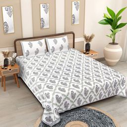 Texstylers White Floral Cotton 210 TC Queen Bedsheet with 2 Pillow Covers-2.74mX2.28m-image-71