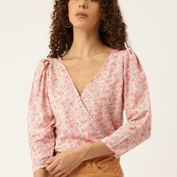 Sleek Italia Floral Print Puff Sleeve Crepe Wrap Crop Top-image-76