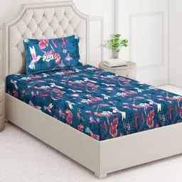 Arrabi Blue & Pink Cartoon Characters 350 TC Single Bedsheet with 1 Pillow Covers-image-89