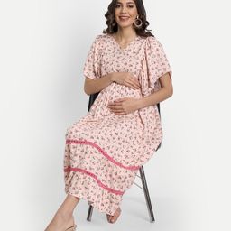 Aaruvi Ruchi Verma Half Flutter Sleeves Floral Printed Gathered Lace Placement Embroidered Maternity Dress - Pink-image-38