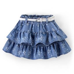 Babyhug Cotton Denim Mid Thigh Length Frill Skirt Floral Print - Blue-image-78