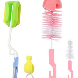 Chinmay Kids 4 Pcs Baby Milk Bottle Brush Nipple Straw Cleaner Sponge Flexible Handle & Bristles Brush Cleaner - Green & Pink-image-90