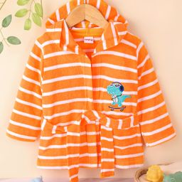 Babyhug Cotton Knit Full Sleeves Hooded Bath Robe Dino Design - Orange-image-30