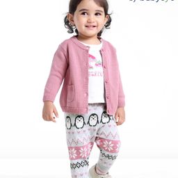 Babyoye 100% Cotton Full Sleeves Solid Colour Baby Sweater Set with Inner Tee & Penguin Design - Dark Pink-image-87