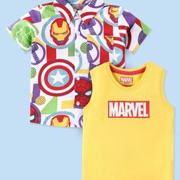Babyhug Marvel Cotton Knit Half Sleeves Shirt with Sleeveless  Inner Tee Marvel Avengers Print- White & Yellow-image-71