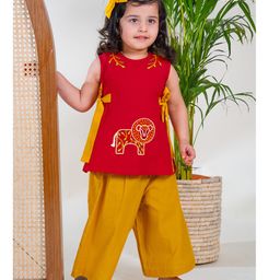 Tiber Taber Sleeveless Leaves & Animals Embroidered Top & Pant Set - Red-image-76