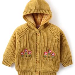 Babyhug Knitted Full Sleeves Front Open Hooded Sweater with Floral  Design & Pockets  - Mustard-image-61