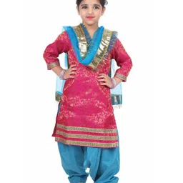 Itsmycostume Brocade Punjabi Dress Theme Costume Set - Magenta & Turquoise-picture-37
