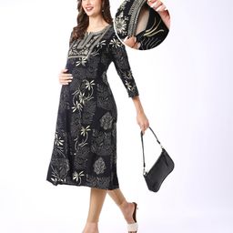 Bella Mama Woven Three Fourth Sleeves Floral Printed & Embroidered Yoke  Maternity Kurta with Pocket - Black-image-75