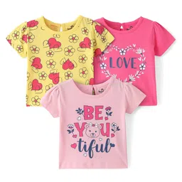 Doodle Poodle 100% Cotton Knit Half Sleeves Tops With Floral & Text Print Pack Of 3 - Light Pink Dark Pink Yellow-picture-34
