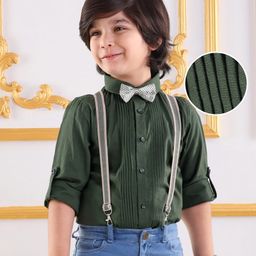 Mark & Mia Full Sleeves Solid Colour Shirt with Bow Suspender & Pintucks Detailing - Dark Green-image-39