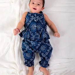 BownBee Pure Cotton Sleeveless Bandhani Printed Top Harem Set - Blue-picture-33