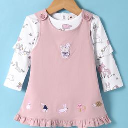 ToffyHouse Interlock Knit Bunny Embroidered Frock with Full Sleeves Animal Printed Top & Bunny Patch - Pink & White-image-86