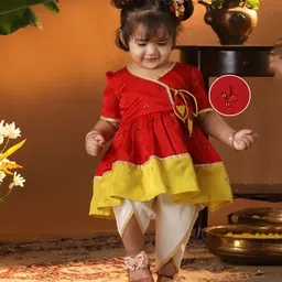 Vastramay Silk Blend Half Sleeves Angrakha Style Embroidered Janmashtami Special Kurta With Dhoti Set - Red-picture-1