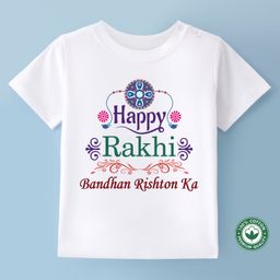 BLUSHES Raksha Bandhan Theme 100% Cotton Half Sleeves Happy Rakhi Text Printed Tee - White-image-72