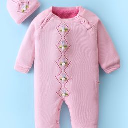 Yellow Apple Knit Full Sleeves Winter Romper with Cap Butterfly Design - Baby Pink-image-10