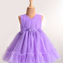 Babyhug Woven Sleeveless Mesh Dress With Corsage Applique - Lavender-image-36